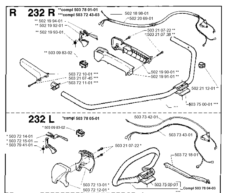 Handle And Controls 2 Diagram and Parts List for 232RCAT 19954500001-Current Husqvarna Brush Cutter
