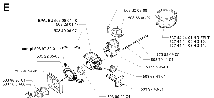 Carburetor And Air Filter 2 Diagram and Parts List for 395XP/ (XPG)(20051800001-20070100000) Husqvarna Chainsaw