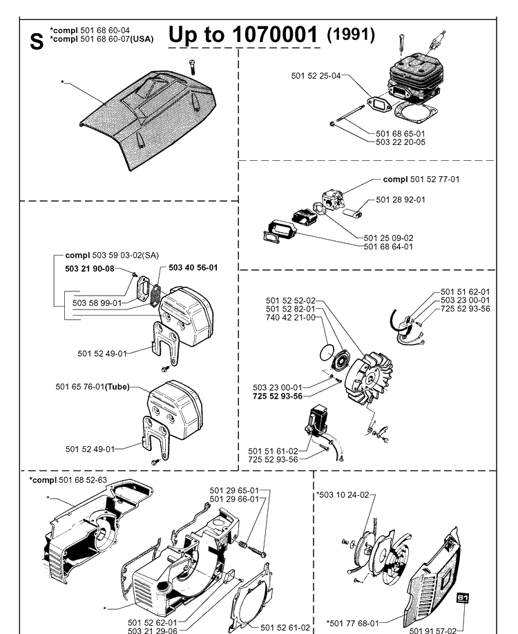Service Updates Diagram and Parts List for 61 19993100001-20014000000 Husqvarna Chainsaw