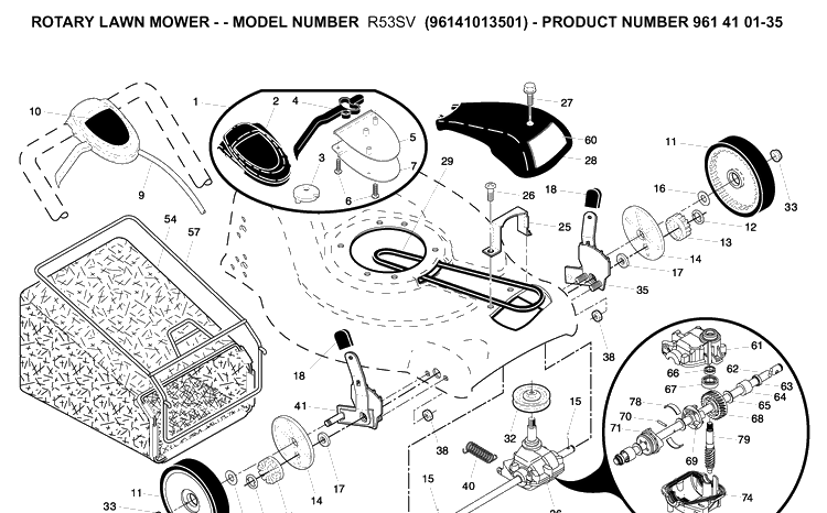 Product Complete Diagram and Parts List for R53SV (96141013501)(2007-05) Husqvarna Lawn Mower