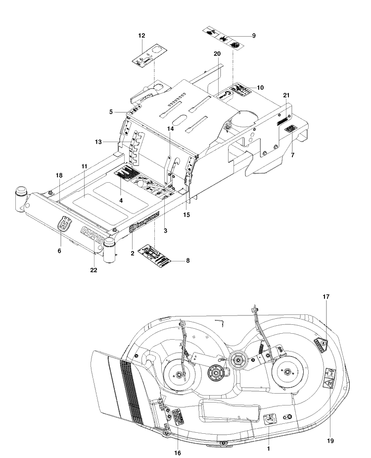 Decals Diagram and Parts List for RZ4216 (966612401)(2012-02) Husqvarna Lawn Mower
