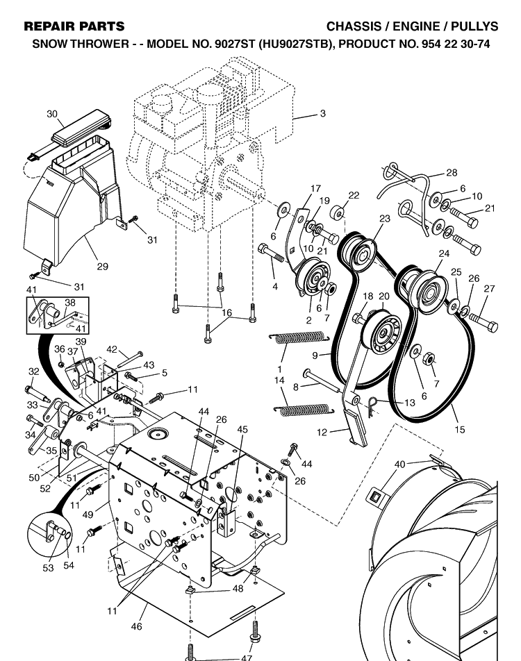 Chassis, Engine And Pulleys Diagram and Parts List for 9027ST (HU9027STB)(2004-03) Husqvarna Snow Blower