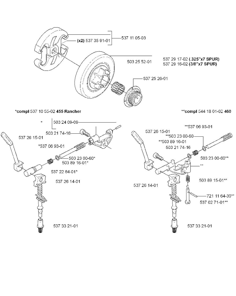 Clutch/Drum And Oil Pump Diagram and Parts List for 455ERANCHER 2007-01 Husqvarna Chainsaw