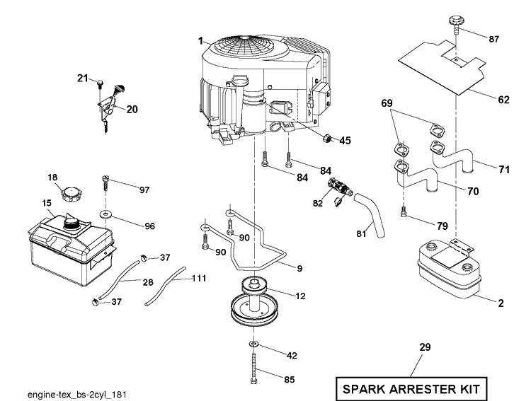Engine Diagram and Parts List for YTH2042 (96043031500)(2019-07) Husqvarna Lawn Tractor