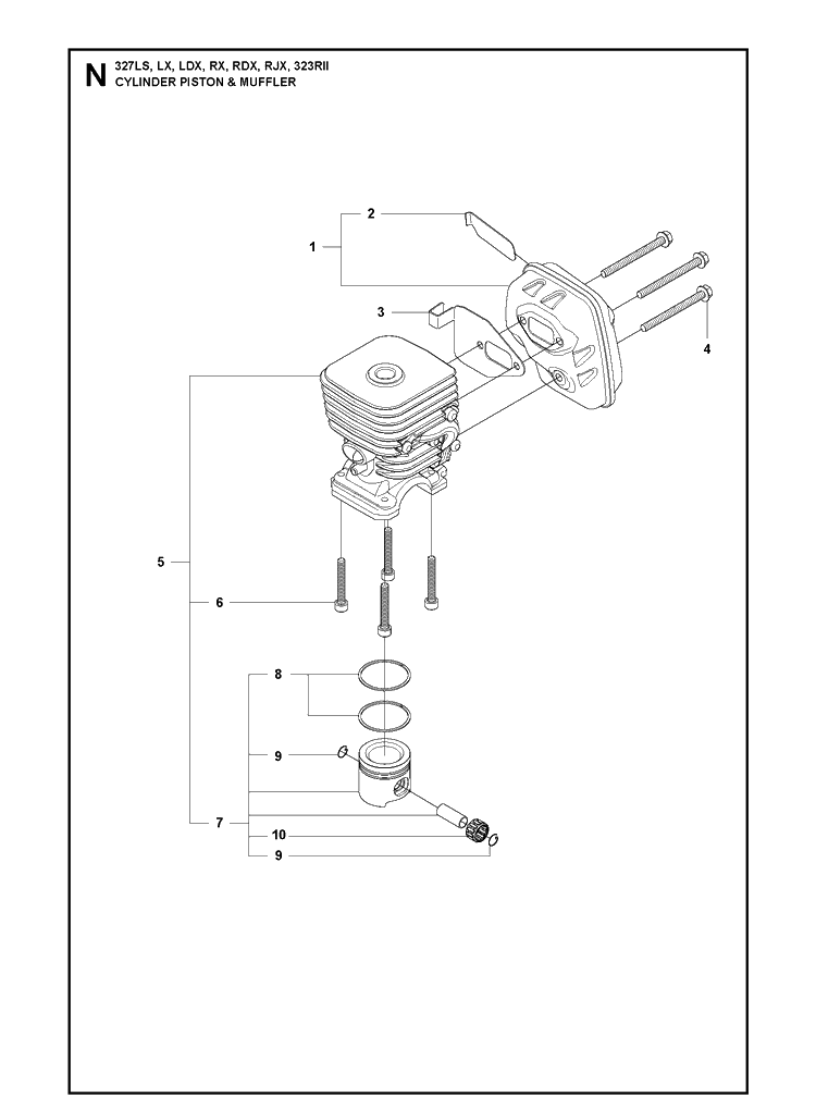 Cylinder, Piston And Muffler Diagram and Parts List for 327LDX 20120100001-Current Husqvarna Edger