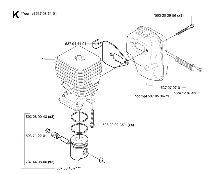 Cylinder Piston Diagram and Parts List for 326P 20013500001-20021799999 Husqvarna Pole Saw