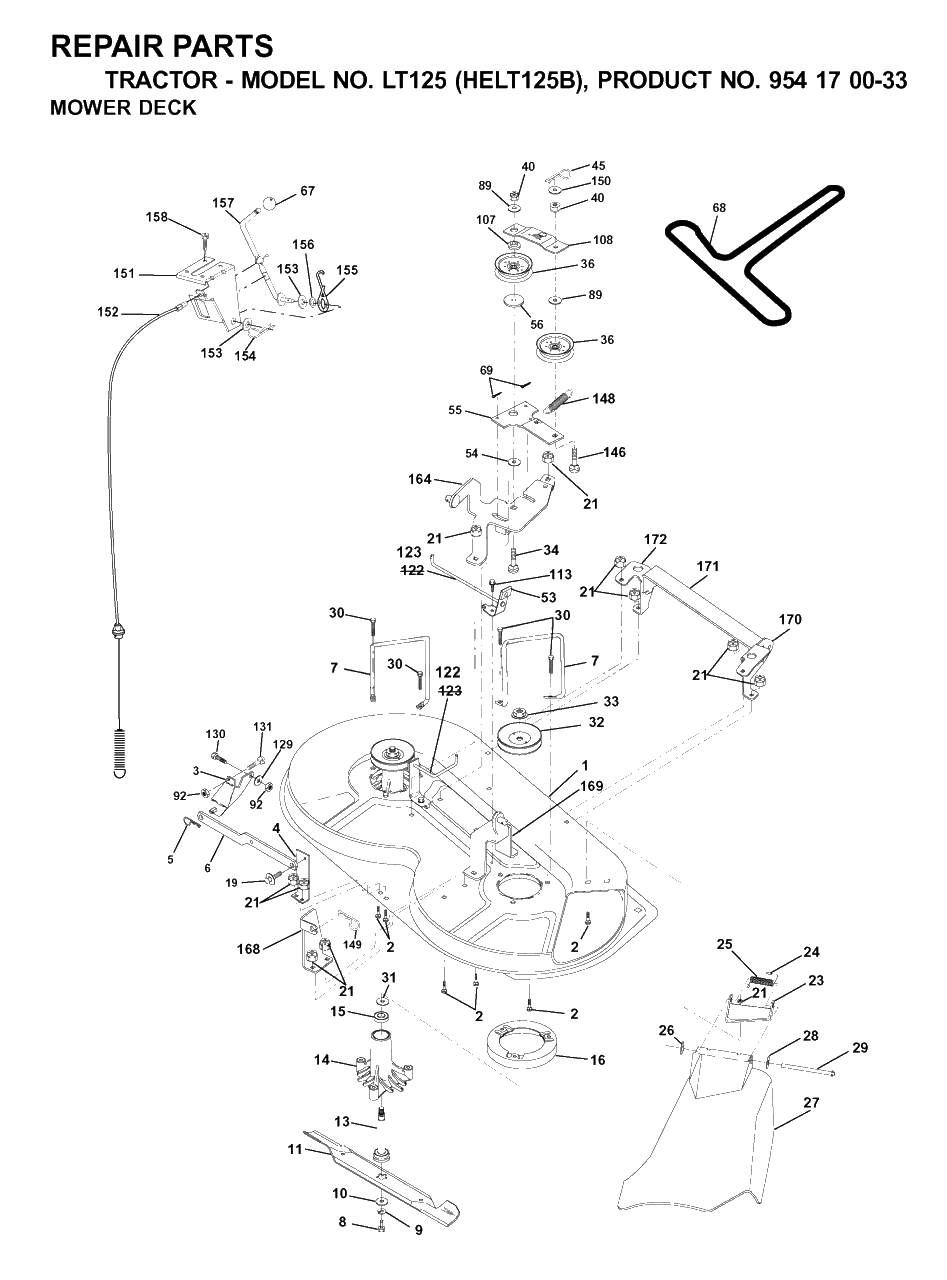 Mower Deck / Cutting Deck Diagram and Parts List for LT125 (954170033-B)(2001-03) Husqvarna Lawn Tractor