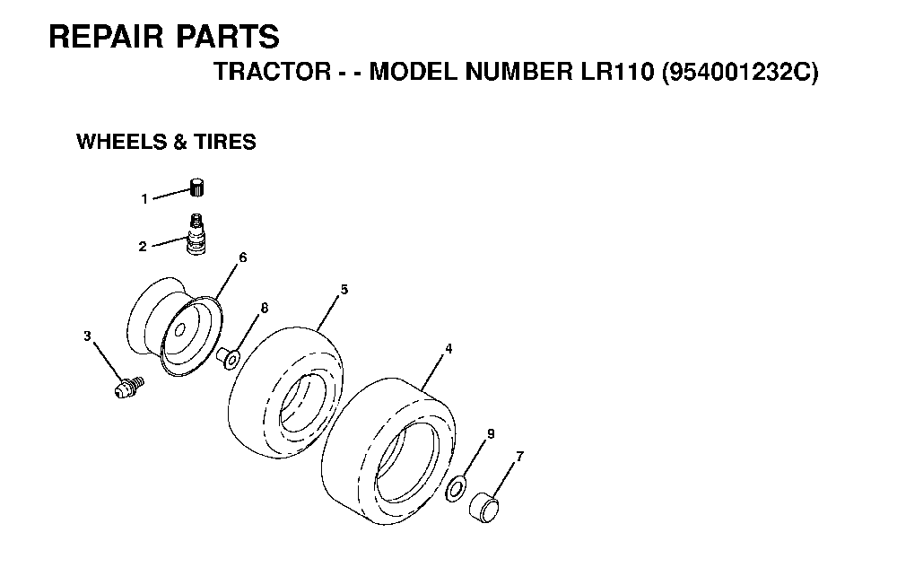 Wheels And Tires Diagram and Parts List for LR110 (954001232C)(1995-08) Husqvarna Lawn Tractor