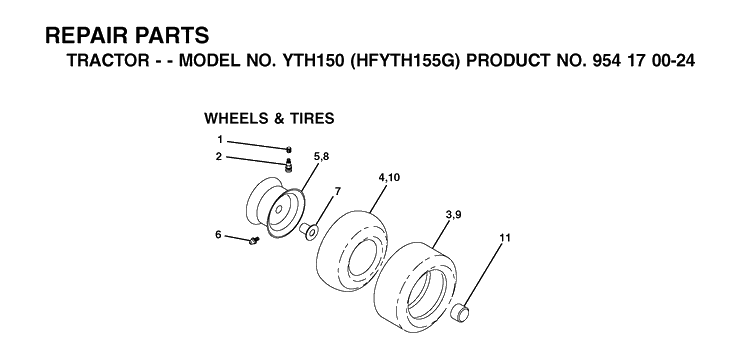 Wheels And Tires Diagram and Parts List for YTH150 (HFYTH155G)(2001-01) Husqvarna Lawn Tractor