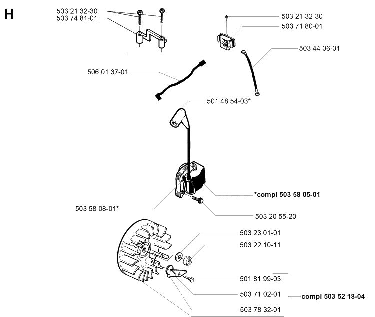 Ignition System Diagram and Parts List for 49 19960100001-19981800000 Husqvarna Chainsaw