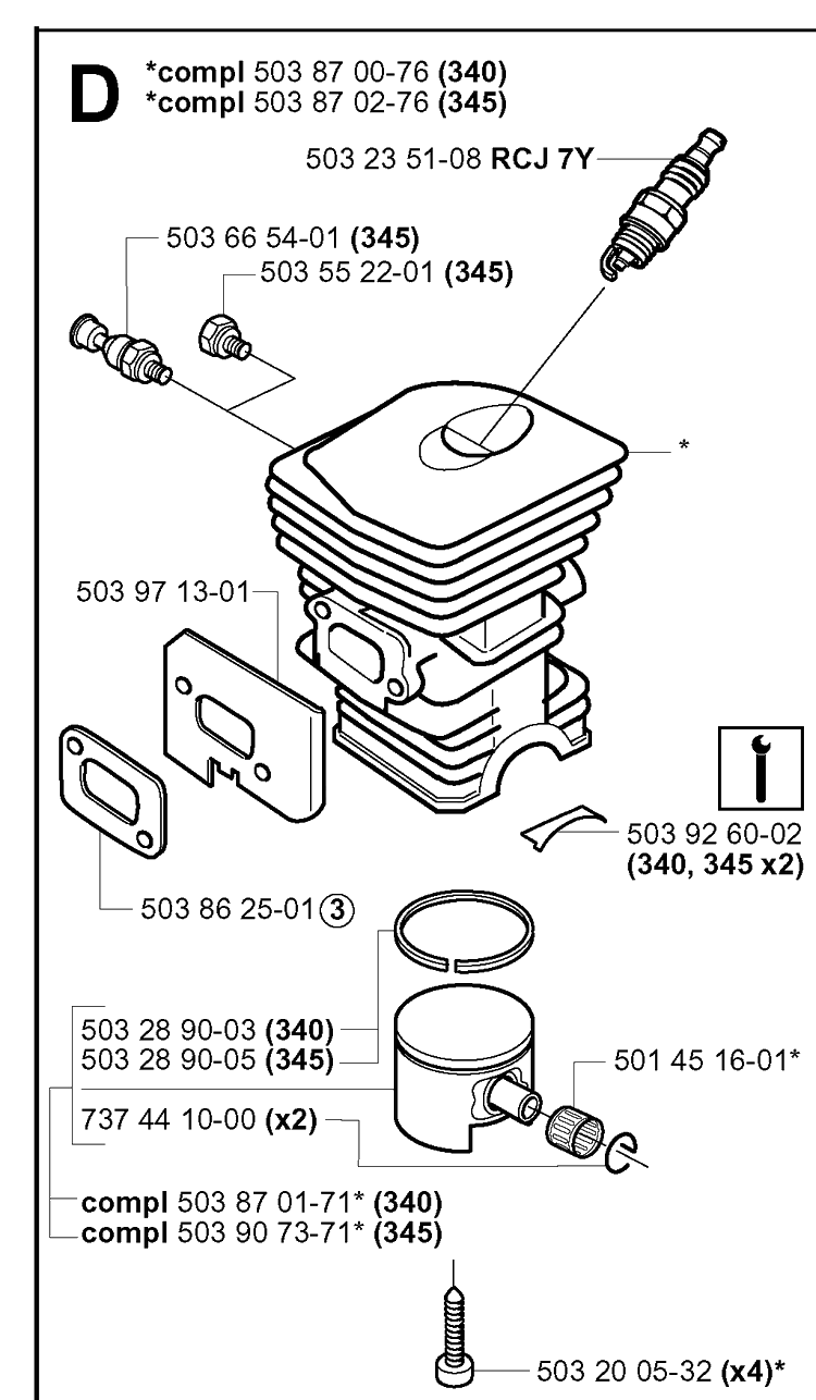Cylinder Piston Diagram and Parts List for 340 20041000001-Current Husqvarna Chainsaw
