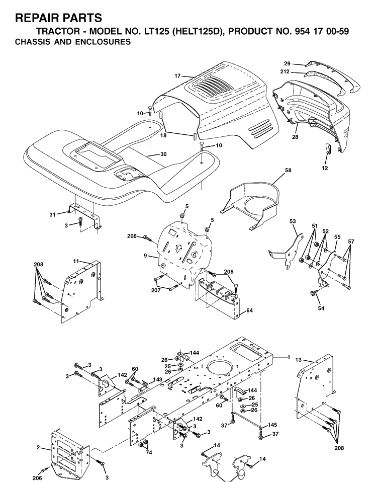 Chassis And Enclosures Diagram and Parts List for LT125 (HELT125D)(2002-06) Husqvarna Lawn Tractor