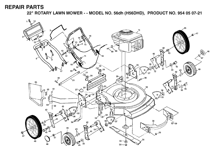 Product Complete Diagram and Parts List for 56DH (H56DHD)(1993-01) Husqvarna Lawn Mower