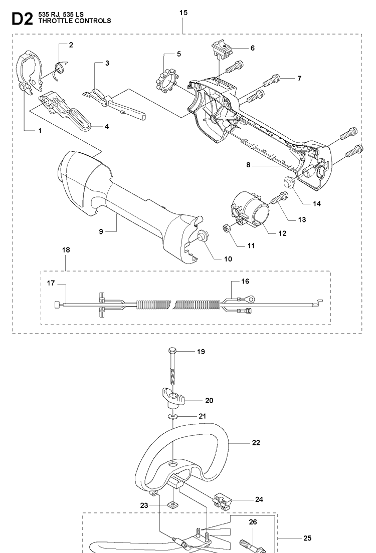 Throttle Controls Diagram and Parts List for 535RJ  Husqvarna Brush Cutter