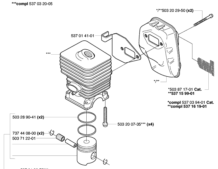 Piston/Cylinder And Muffler Diagram and Parts List for 322L 2002-01 Husqvarna Trimmer