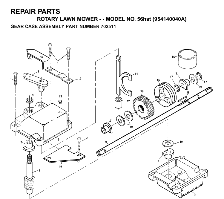 Gear Case Diagram and Parts List for 56HST (954140040A)(1997-01) Husqvarna Lawn Mower