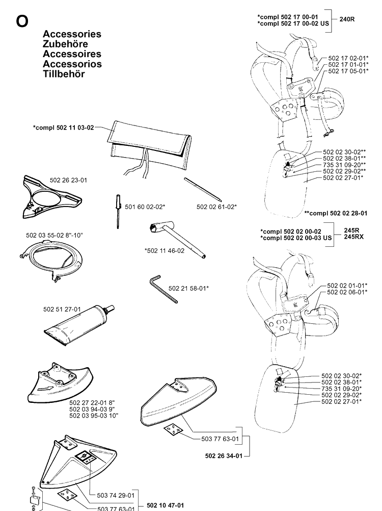 Accessories Diagram and Parts List for 245R 19962200001-19984000000 Husqvarna Brush Cutter