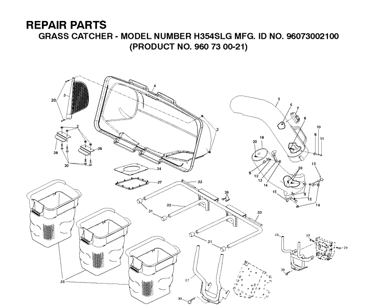 Bagger Diagram and Parts List for 960730021 2008-05 Husqvarna Lawn Tractor Accessories