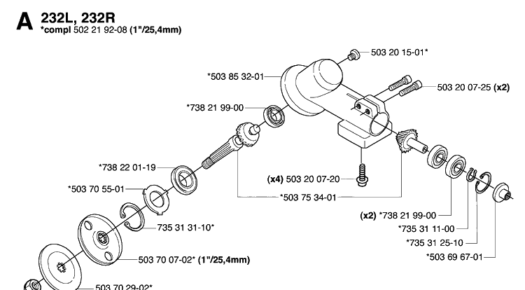 Bevel Gear Diagram and Parts List for 232R 20061400001-20144900000 Husqvarna Brush Cutter