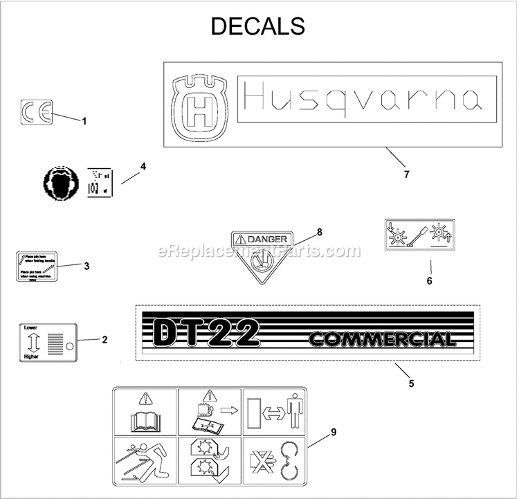 Decals Diagram and Parts List for DT22H (968999243)(2005-11) Husqvarna Lawn Tractor Accessories