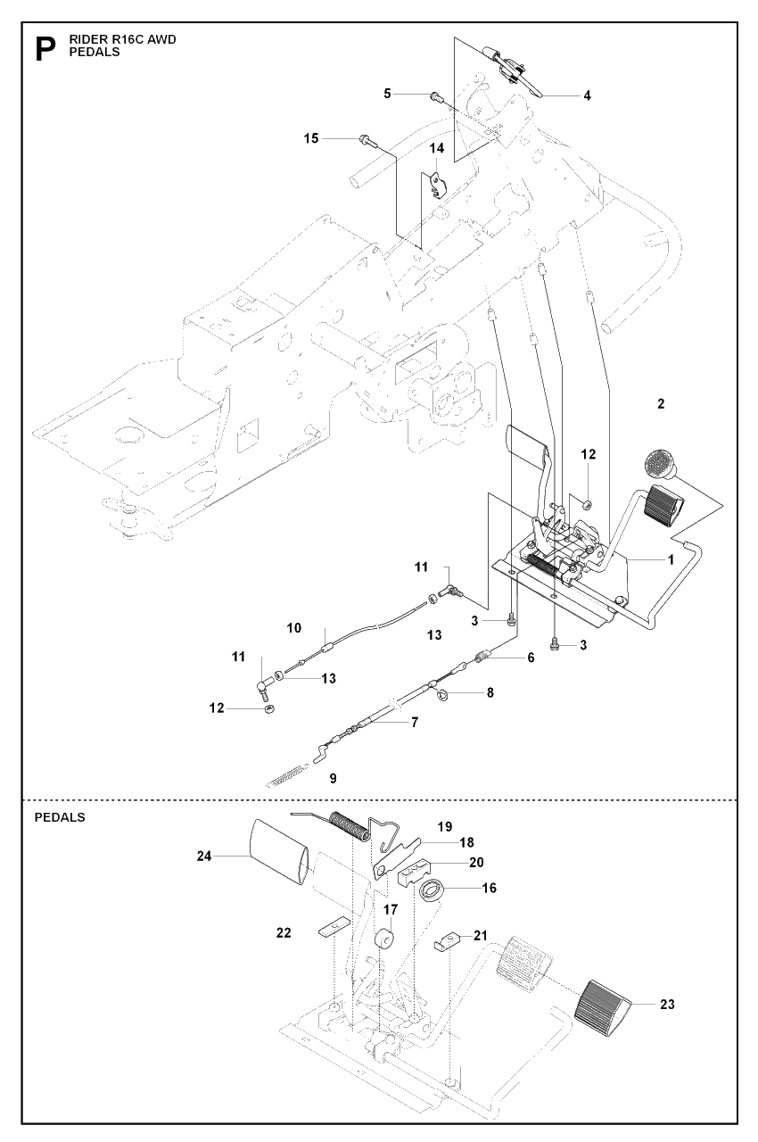 Pedals Diagram and Parts List for R16CAWD (966830301)(2009-04) Husqvarna Lawn Tractor