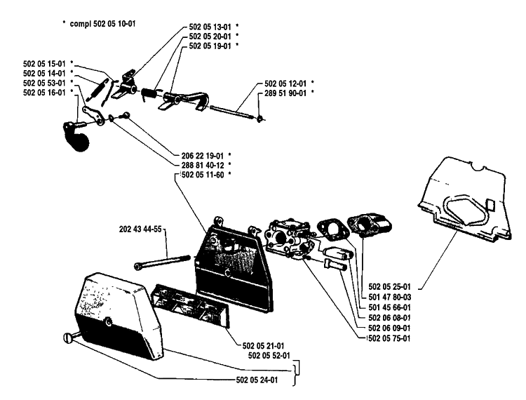 Air Filter/Carburetor Diagram and Parts List for 140R 1980-02 Husqvarna Brush Cutter