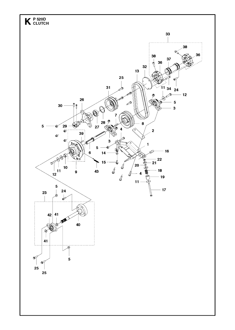 Clutch Diagram and Parts List for P520D 20120100001 - 20143999999 Husqvarna Lawn Tractor