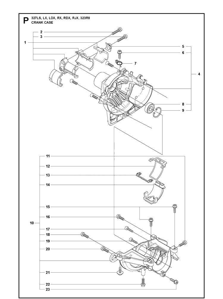 Crankcase Diagram and Parts List for 327LDX 20090100001-20105299999 Husqvarna Edger