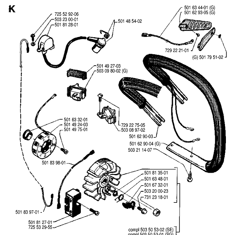 Electrical Diagram and Parts List for 242 19900100001-19941400000 Husqvarna Chainsaw