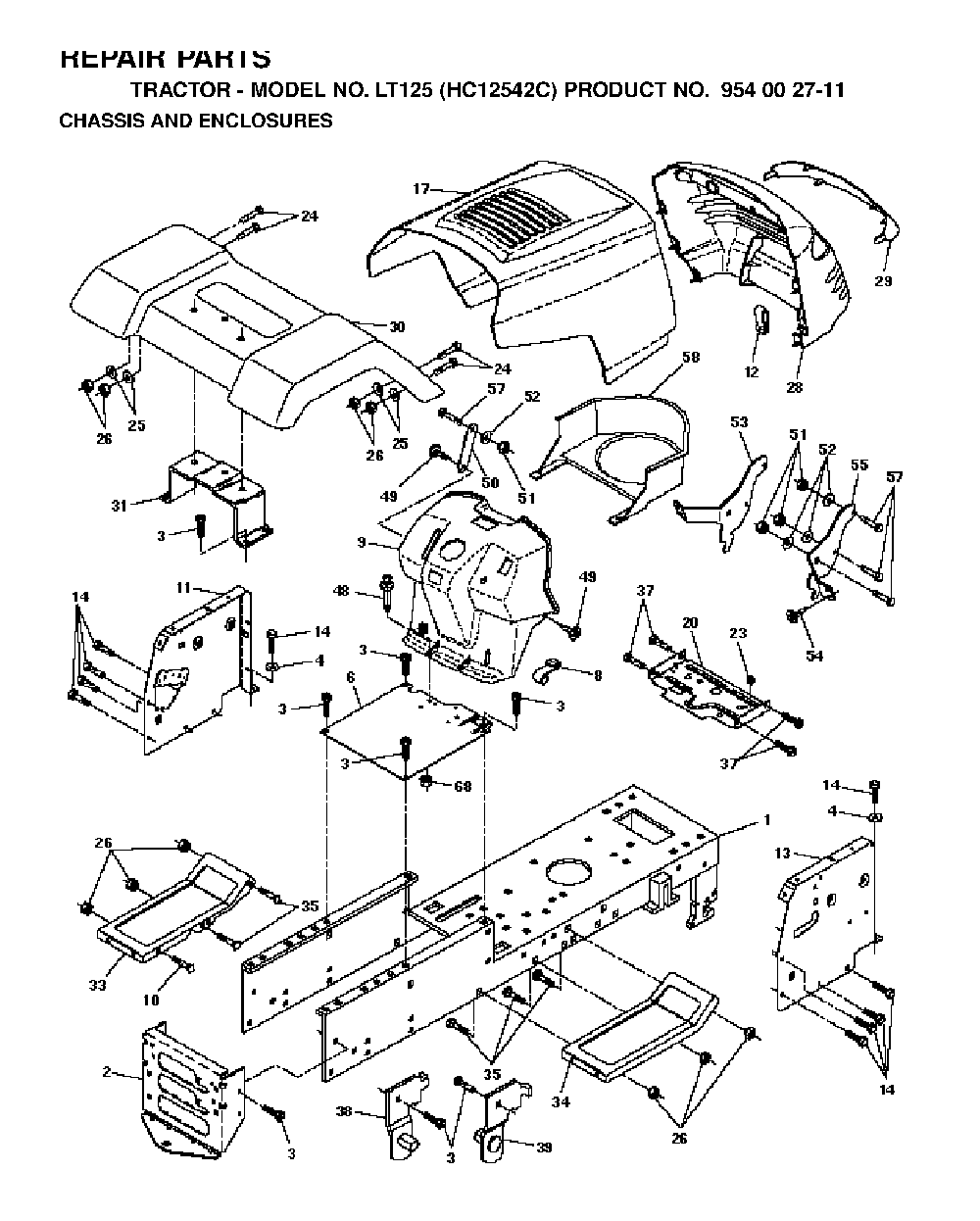 Chassis And Enclosures Diagram and Parts List for LT125 (HC12542C, 954002711)(1996-04) Husqvarna Lawn Tractor