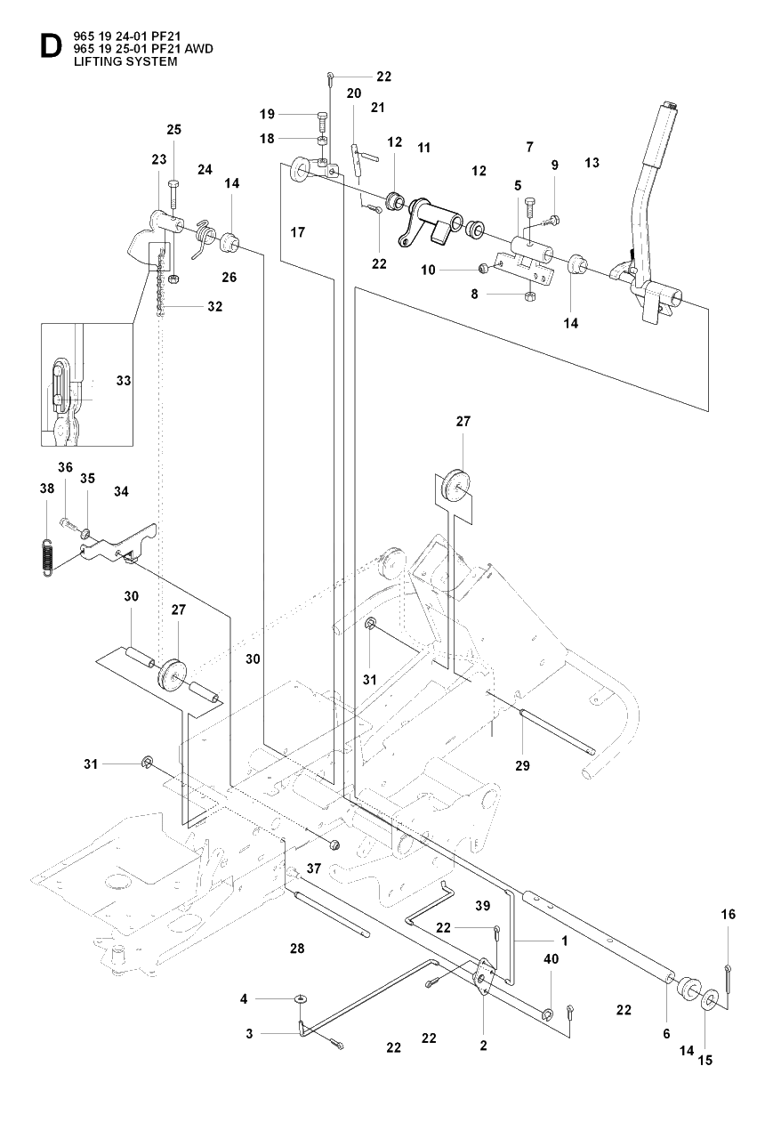 Mower Lift / Deck Lift Diagram and Parts List for PF21AWD (965192501)(2008-03) Husqvarna Lawn Tractor