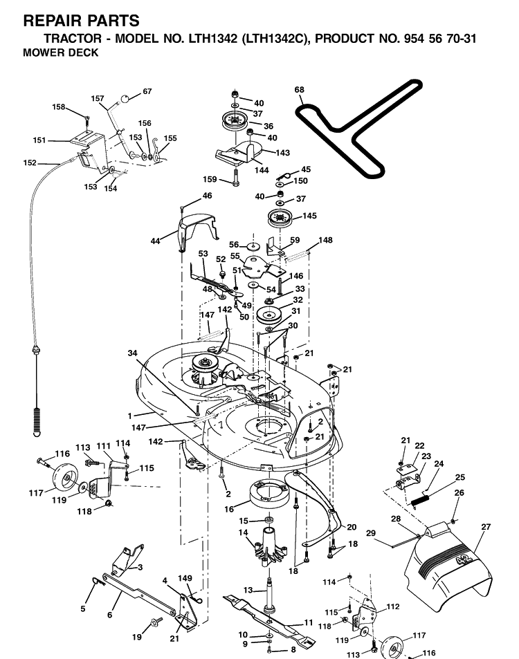 42inch Cutting Deck Diagram and Parts List for LTH1342-LTH1342C 2001-11 Husqvarna Lawn Tractor