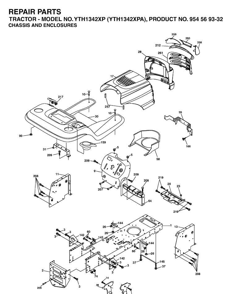 Chassis And Enclosures Diagram and Parts List for YTH1342XP-YTH1342XPA 2003-03 Husqvarna Lawn Tractor