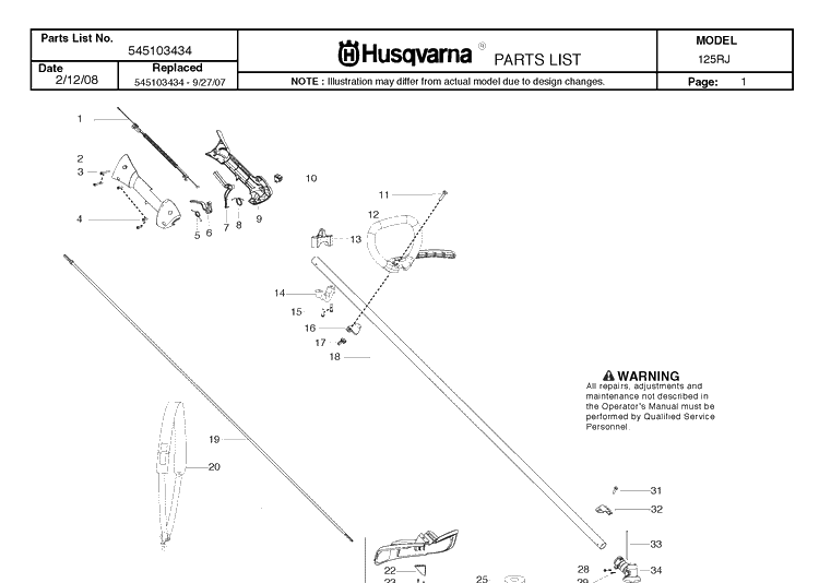Shaft And Handle Diagram and Parts List for 125RJ 20082200001-Current Husqvarna Brush Cutter