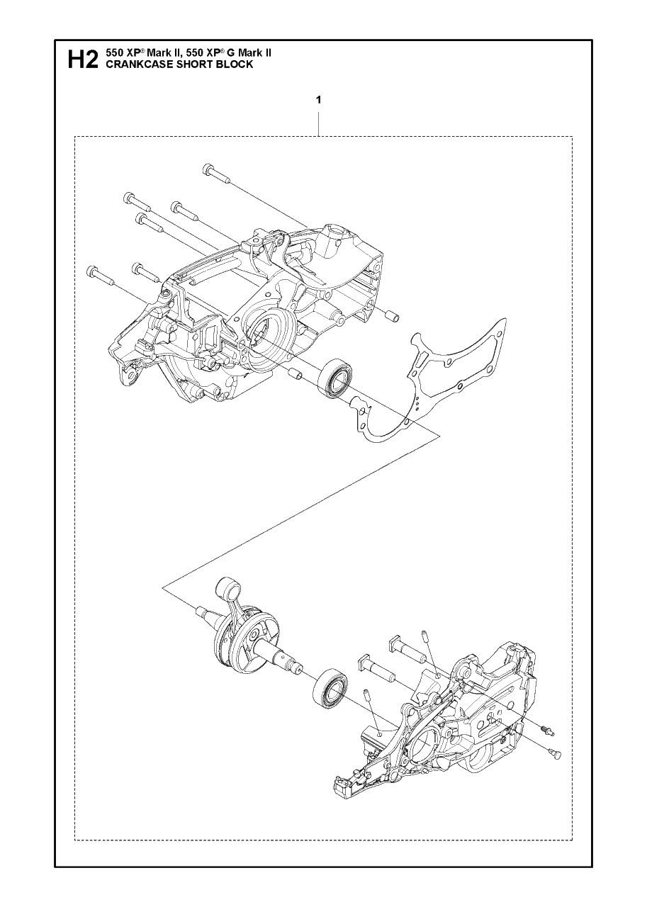 Short Block Diagram and Parts List for 550XP-XPG Mark II Husqvarna Chainsaw