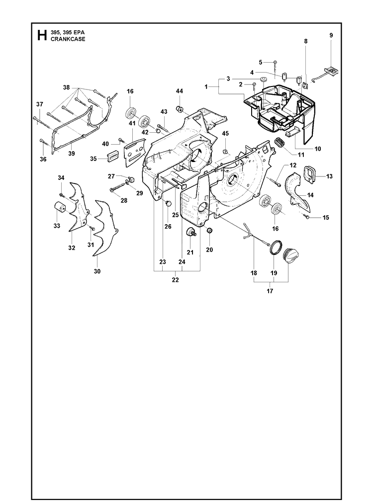 Crankcase Diagram and Parts List for 395XP/ (XPG - 395 XP EPA)(20163900001-20193499999) Husqvarna Chainsaw