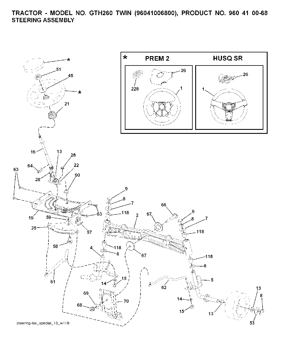 Steering Diagram and Parts List for GTH260TWIN (96041006800)(2008-01) Husqvarna Lawn Tractor