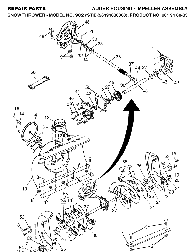 Auger Housing And Impeller Diagram and Parts List for 9027STE (96191000300)(2005-10) Husqvarna Snow Blower