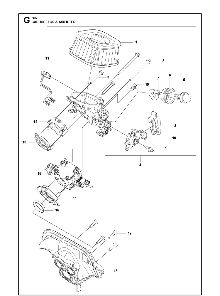 Carburetor And Air Filter Diagram and Parts List for 585  Husqvarna Chainsaw
