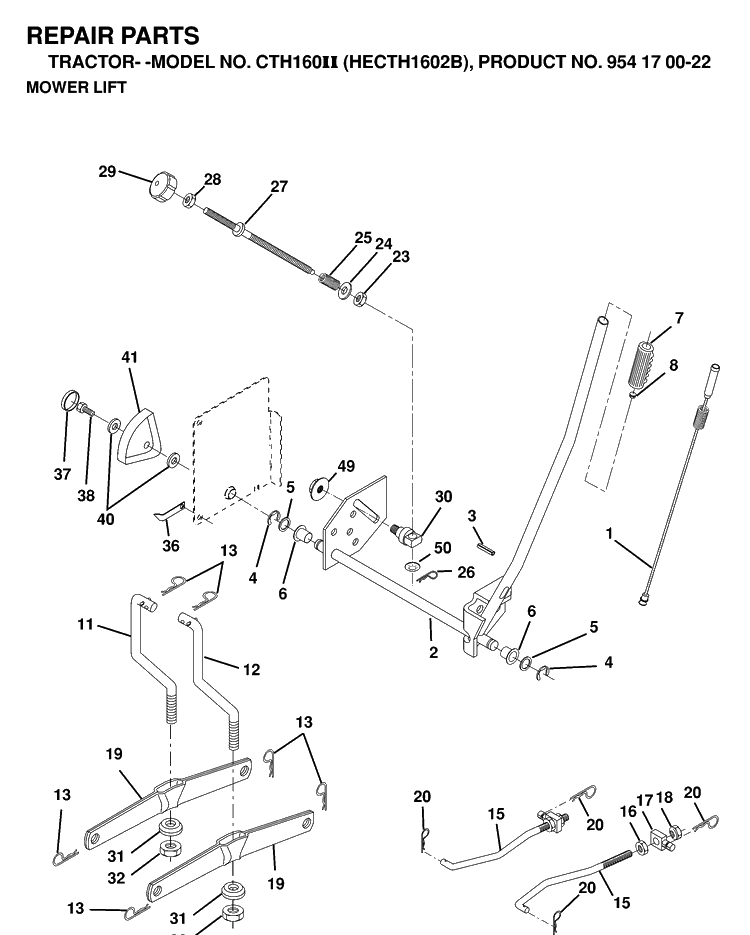 Mower Lift / Deck Lift Diagram and Parts List for CTH160II (HECTH1602B)(2000-02) Husqvarna Lawn Tractor