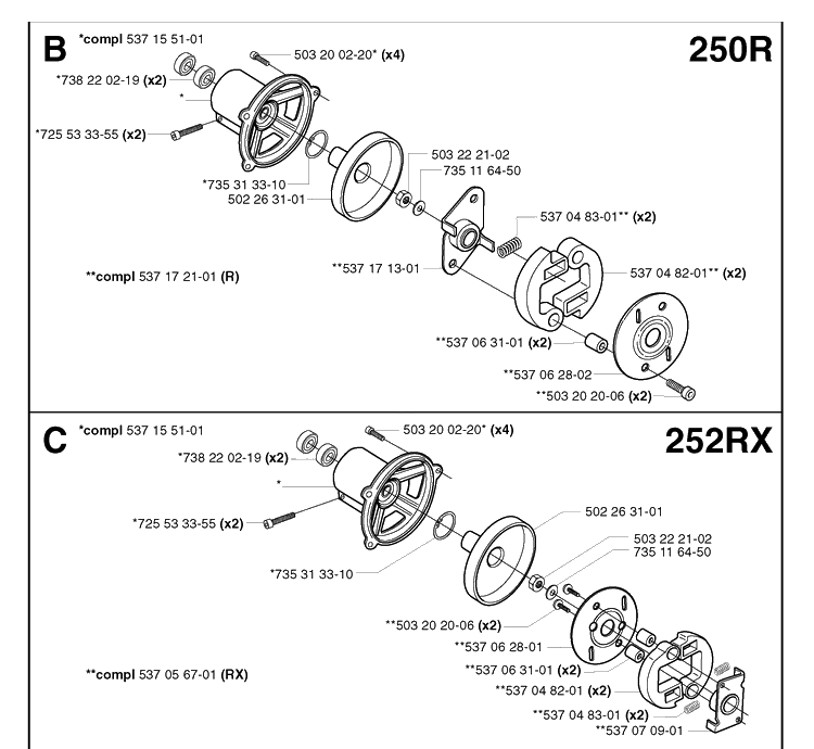 Clutch Diagram and Parts List for 250R 20023100001-20145399999 Husqvarna Brush Cutter