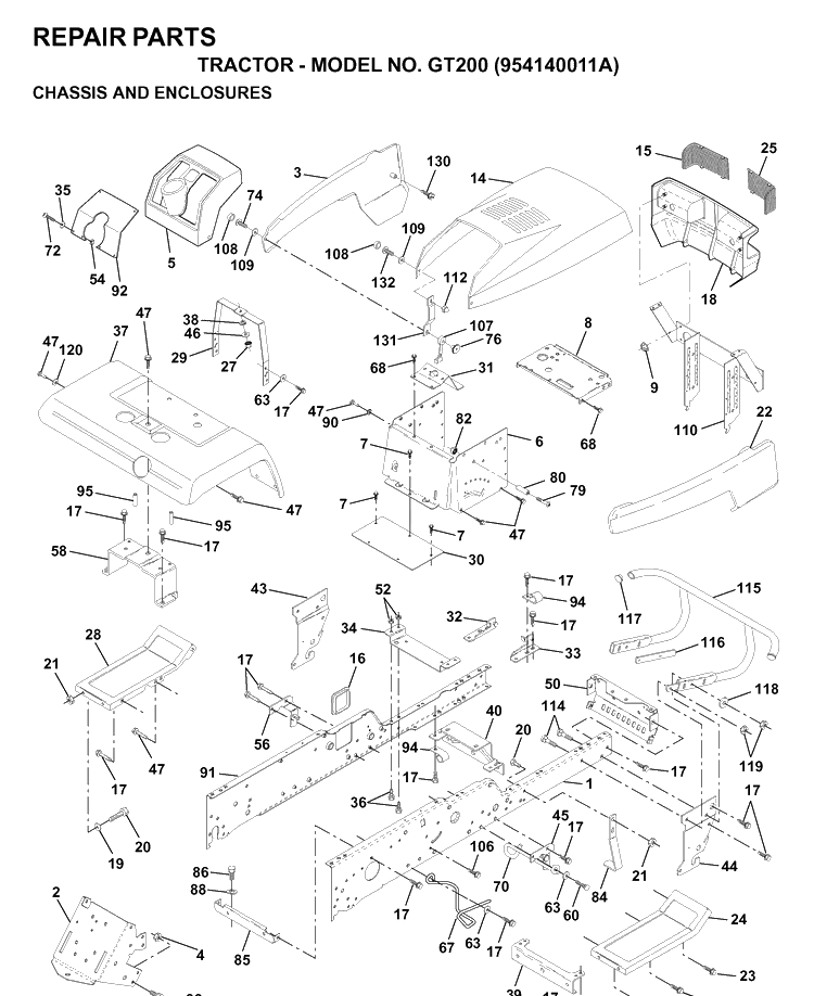 Chassis And Enclosures Diagram and Parts List for GT200 (954140011A)(1997-01) Husqvarna Lawn Tractor