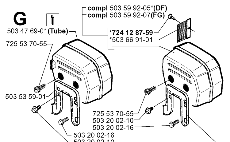 Muffler Diagram and Parts List for 61 19993100001-20014000000 Husqvarna Chainsaw