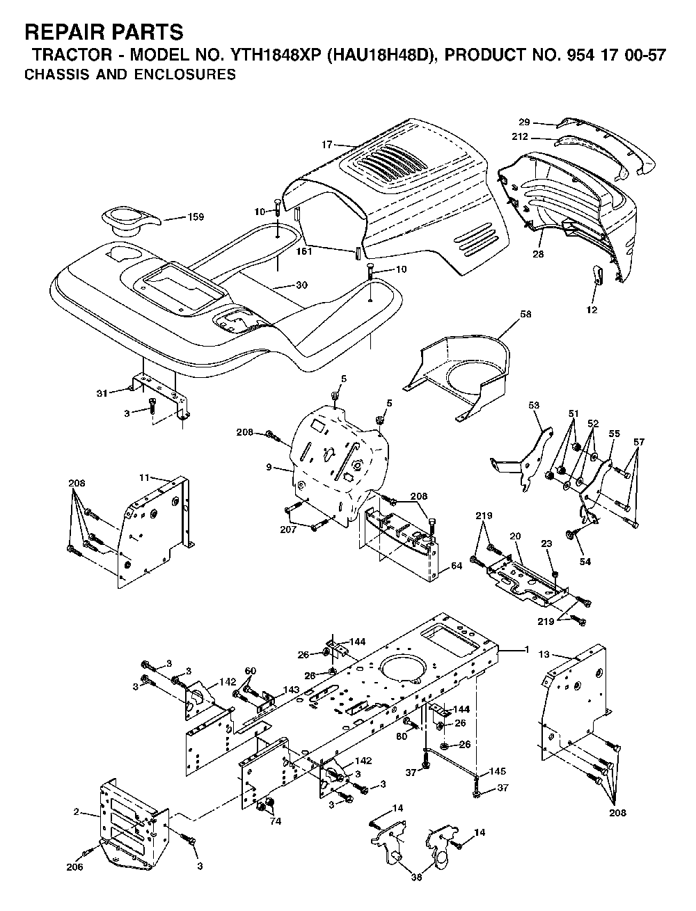 Chassis And Enclosures Diagram and Parts List for YTH1848XP (HAU18H48D, 954170057)(2003-01) Husqvarna Lawn Tractor