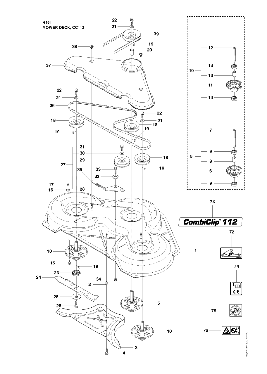 Mower Deck / Cutting Deck 4 Diagram and Parts List for R15T (966414201)(2010-07) Husqvarna Lawn Tractor