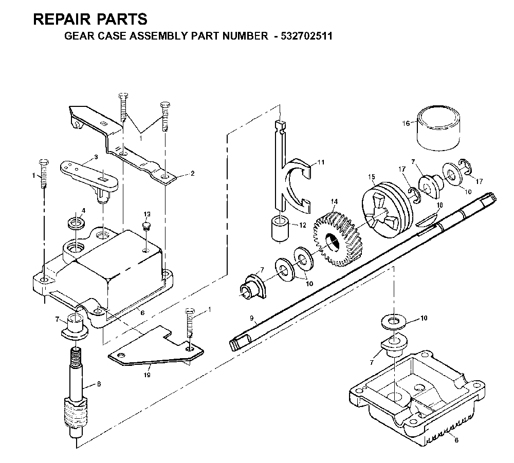 Gear Case Diagram and Parts List for 56SF (954077101, 532702511)(1995-10) Husqvarna Lawn Mower