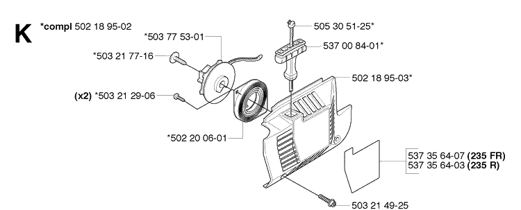Starter Diagram and Parts List for 235R  Husqvarna Brush Cutter