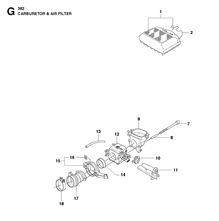 Carburetor Air Filter Diagram and Parts List for 362 2011-02 Husqvarna Chainsaw