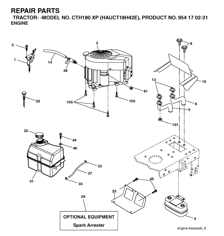 Engine Diagram and Parts List for CTH180XP (HAUCT18H42E)(2004-09) Husqvarna Lawn Tractor