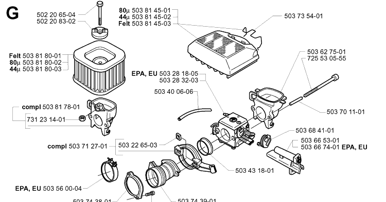 Carburetor And Air Filter Diagram and Parts List for 365 20051800001-20070900000 Husqvarna Chainsaw